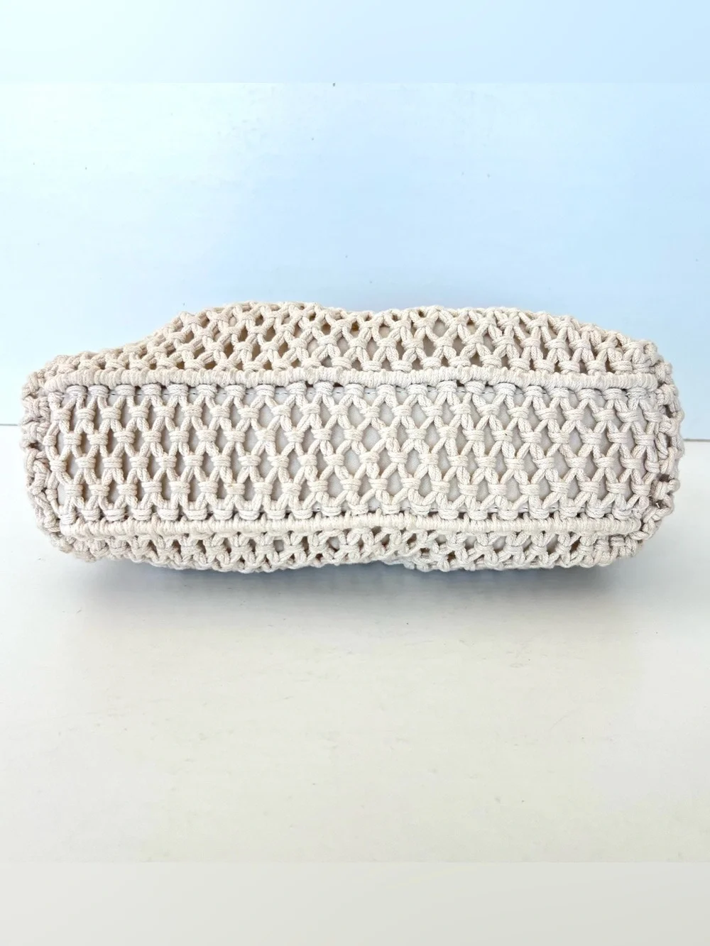 A NEW DAY Cream Macrame Crochet Woven 100% Cotton Wood Handles Handbag Clutch